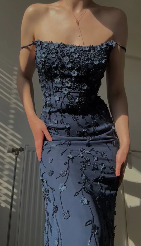 Vintage Navy Blue Spaghetti Straps Prom Dress Sexy Mermaid Evening Dress SH1208
