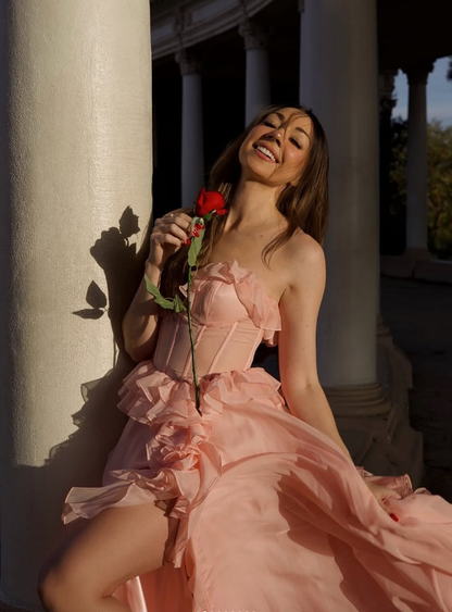 Princess A Line Sweetheart Neck Ruffle Light Pink Tulle Prom Dress Evening Dress with Slit SH2196