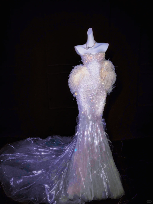 Dreamy Mermaid Sweetheart Neck Beaded Feather Tulle Party Dress Evening Dress SH3347