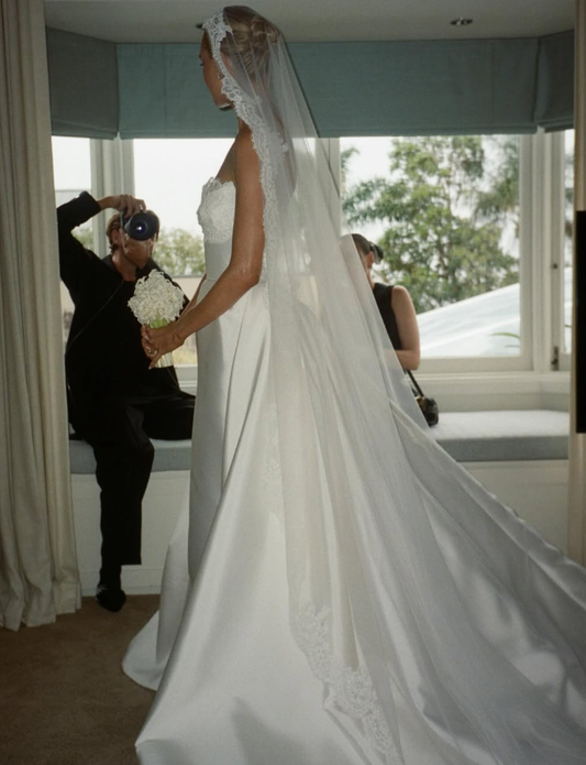 Stunning Ball Gown Strapless White Lace Satin Long Wedding Dress SH4695