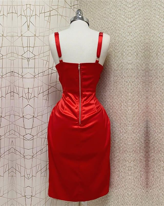 Red Sweetheart Neckline Slit Homecoming Dress Midi Prom Dress  SH754