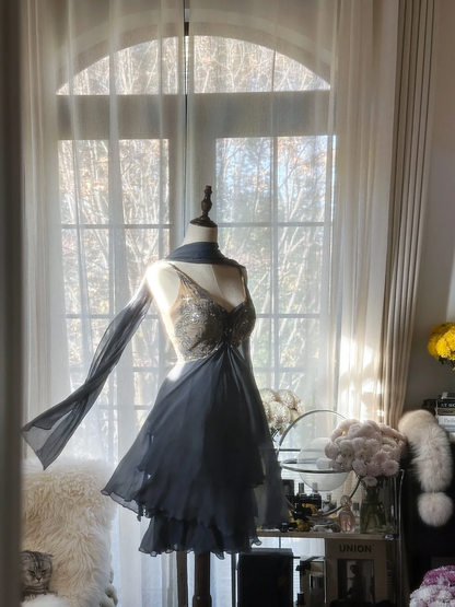 Stylish Spaghetti Straps V Neck Chiffon Sequin Cocktail Dress Blue Short Birthday Outfits Homecoming Dress S730