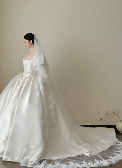 White Pearl Ball Gown Strapless Lace Satin Long 16th Birthday Dress Wedding Dress SH3962
