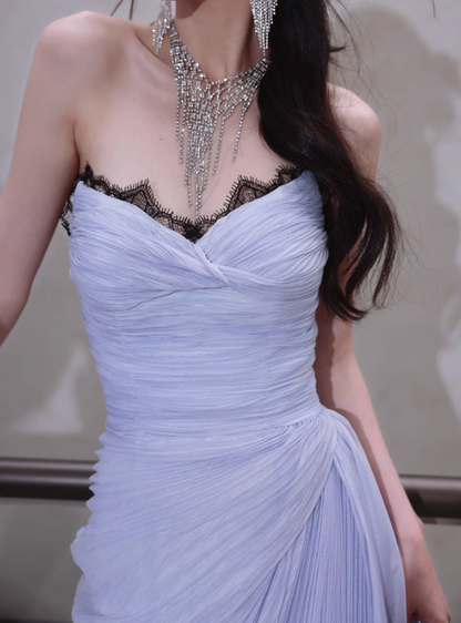Elegant A Line Sweetheart Neck Black Lace Purple Chiffon Long Evening Dress Gown Dress SH3584