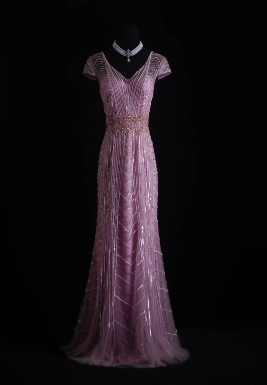 Gorgeous Pink V Neck Tulle Sequin Beaded Mermaid Evening Dress Prom Gown D1157