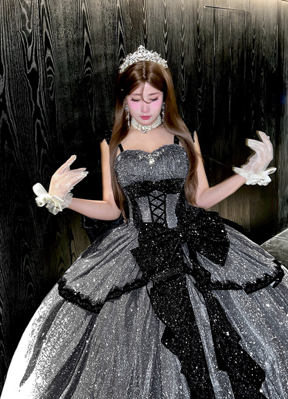 Stunning Black Bow A Line Sequin Lolita Goth Boning Dress Prom Dress SH4912