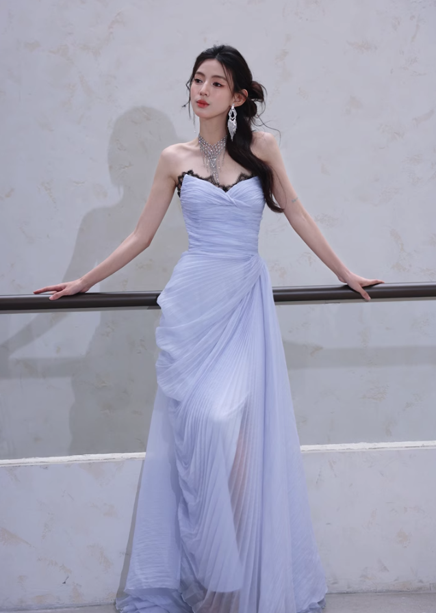 Elegant A Line Sweetheart Neck Black Lace Purple Chiffon Long Evening Dress Gown Dress SH3584
