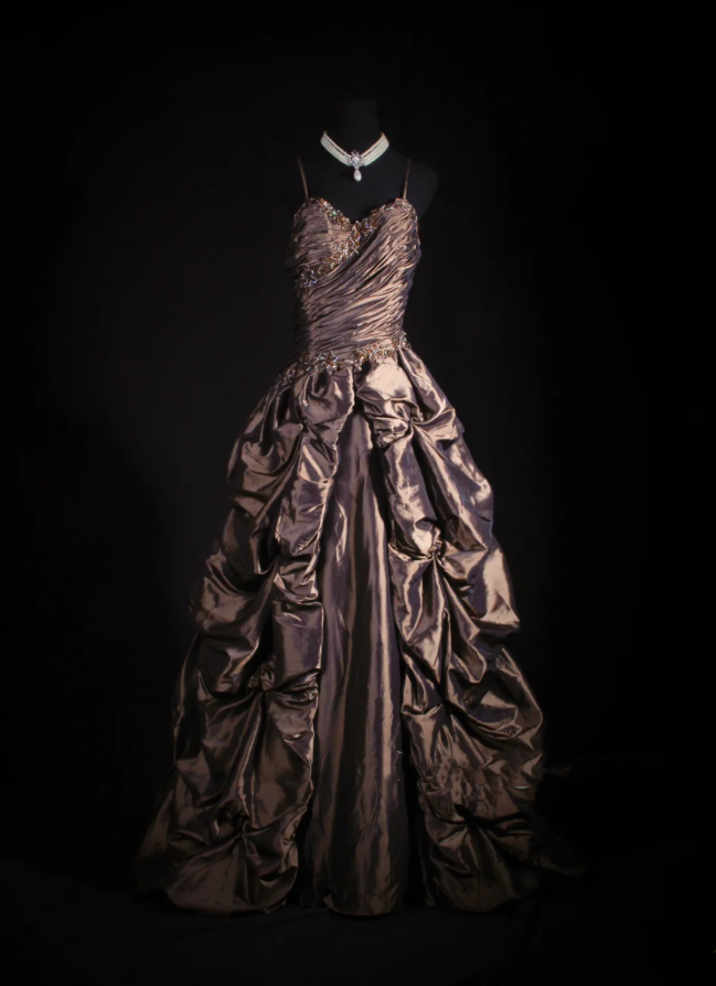 Retro Spaghetti Straps Brown Satin Pleated Beaded Long Party Dress Birthday Dress D2226