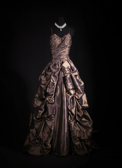 Retro Spaghetti Straps Brown Satin Pleated Beaded Long Party Dress Birthday Dress D2226