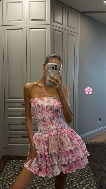 Pretty Pink Print Floral Layered A Line Mini Prom Dress Strapless Graduation Homecoming Dress S467
