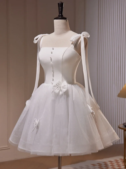 Elegant Spaghetti Straps Tulle Satin A Line White Short 21st Birthday Outfits Homecoming Dress D596