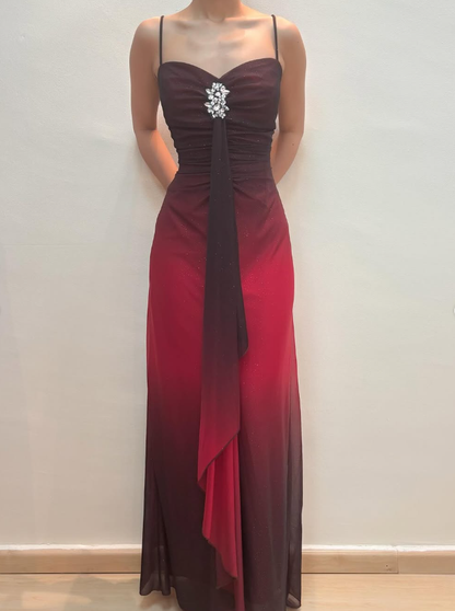 Vintage Sheath Straps Rhinestone Ombre Red Chiffon Prom Dress Evening Dress SH2234