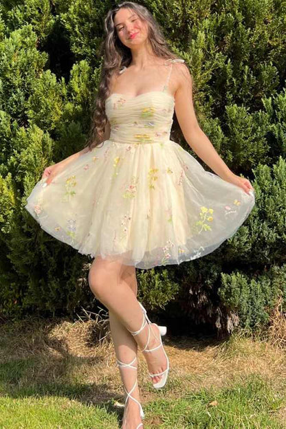 A Line Short Floral Embroidery Homecoming Dress