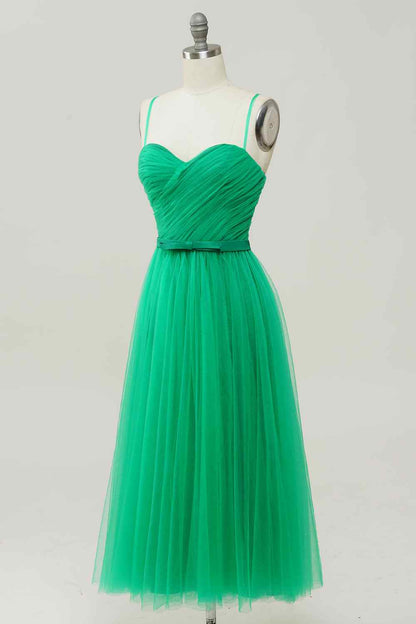 Green A-line Sweetheart Sleeveless Tulle Midi Party Prom Dress
