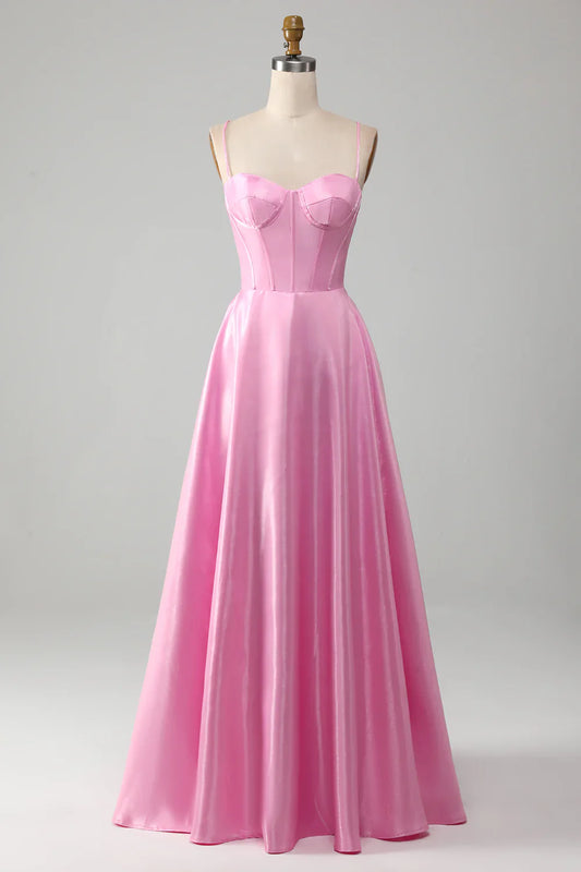 Simple A Line Spaghetti Straps Pink Satin Corset Prom Dress Evening Dress SH1658