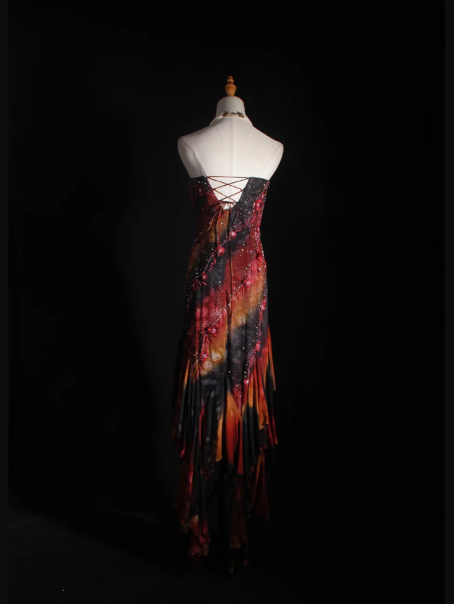 Vintage Embroidered Floral Chiffon Ruffle Mermaid Evening Dress Strapless Long Party Dress D2260