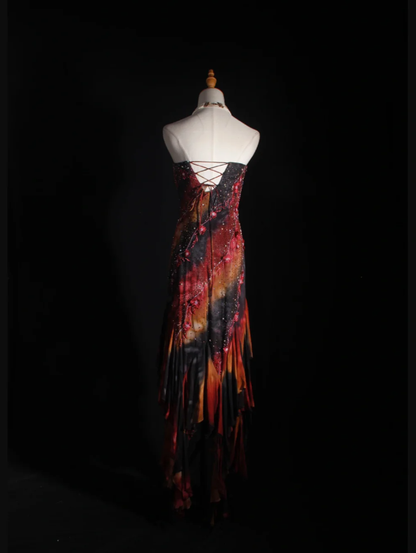 Vintage Embroidered Floral Chiffon Ruffle Mermaid Evening Dress Strapless Long Party Dress D2260