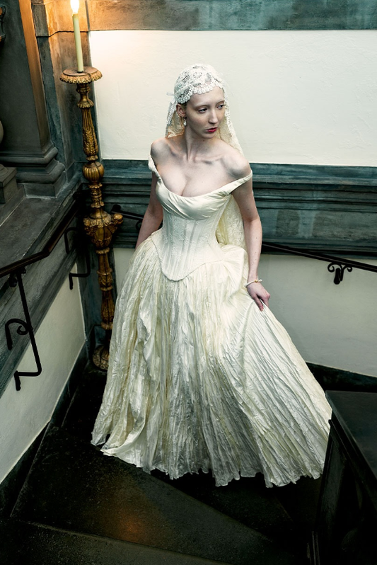 Vintage Ivory Ball Gown Off the Shoulder Corset Lace Satin Wedding Dress SH5081