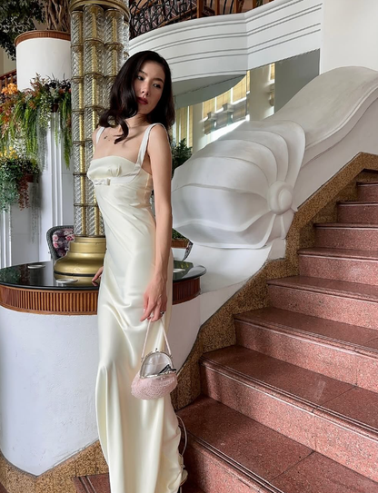 Simple Ivory A Line Straps Satin Long Wedding Guest Dress Party Dress SH3305