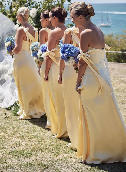 Cute A Line Spaghetti Strap Yellow Satin Evening Dress Bridesmaid Dress with Slit SH2701