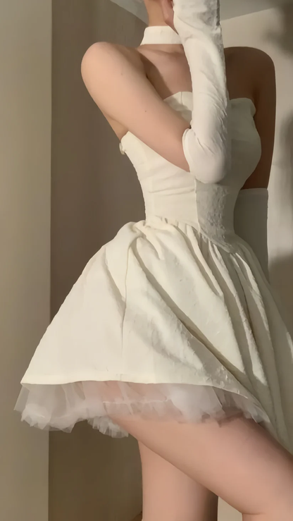 Classy Off White Strapless A Line Tulle Satin Short Prom Dress Formal Birthday Outfits D783