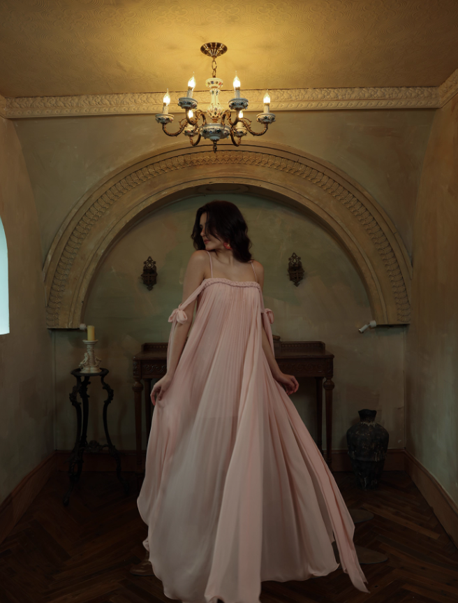 Gentle A Line Spaghetti Strap Pleated Light Pink Chiffon Prom Dress Formal Dress SH4170