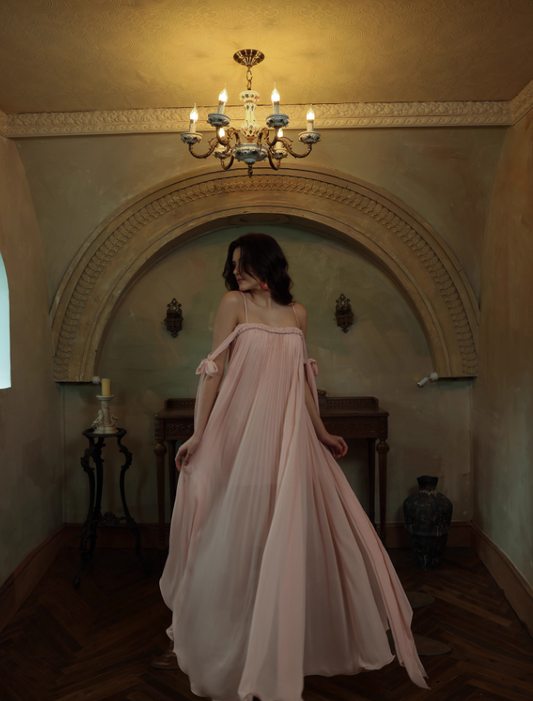 Gentle A Line Spaghetti Strap Pleated Light Pink Chiffon Prom Dress Formal Dress SH4170