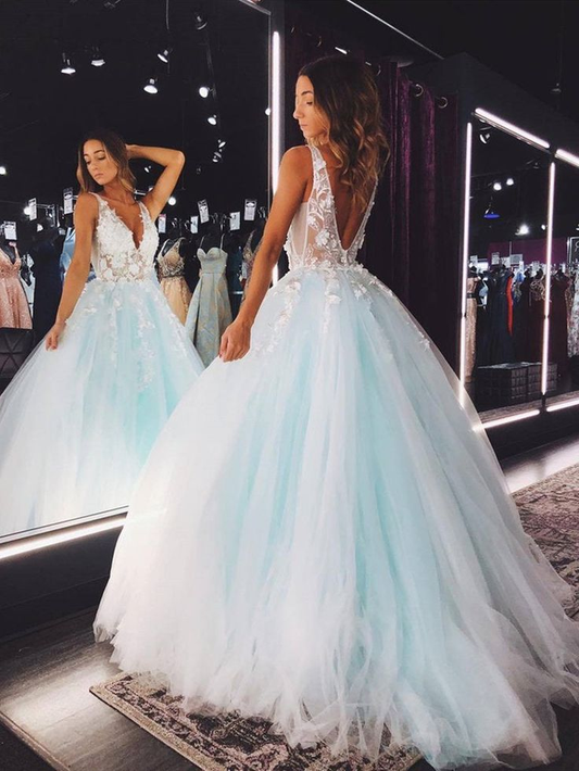 V Neck Open Back Tulle Applique Long Prom Dress SH568