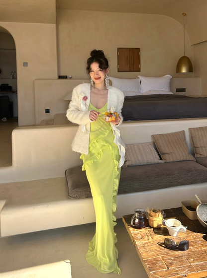 Green Sheath Straps Ruffle Chiffon Long Prom Dress SH4577