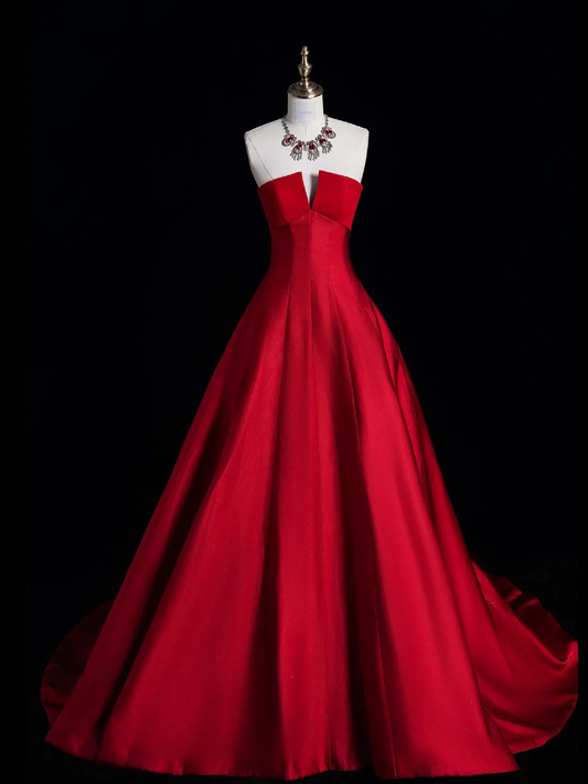 Simple A Line Strapless Red Satin Long Sweep Prom Dress Graduation Prom Dress SH2564
