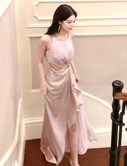 Light Pink A Line Straps Rhinestone Satin Prom Dress Evening Dress Formal Dress with Slit SH4085