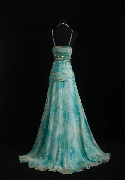 Classy Mint Green Chiffon Print Floral Beaded Mermaid Long Party Dress Formal Birthday Evening Gown D2010