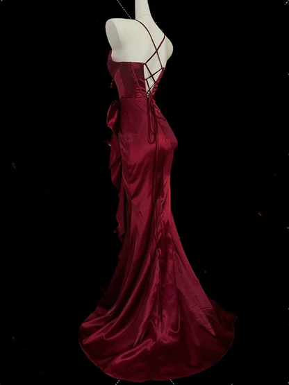 Burgundy Mermaid Straps Long Party Dress, Satin Prom Dress S201