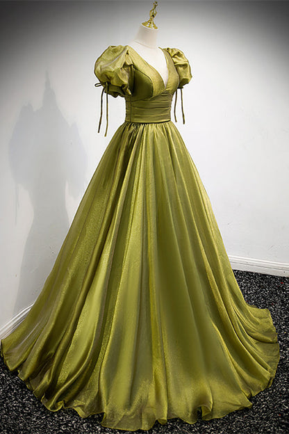 V-Neck Short Sleeves Satin A-Line Empire Party Prom Dress