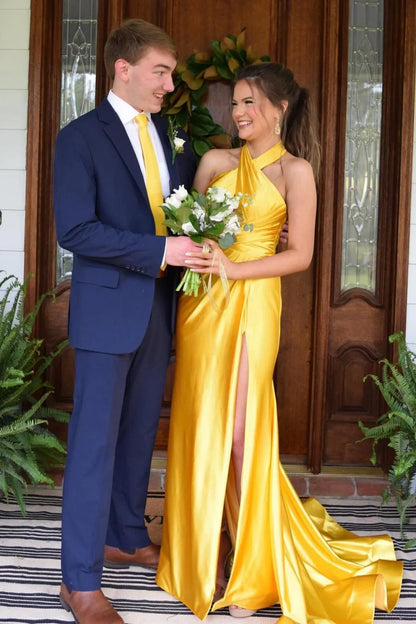 Yellow Halter Backless Mermaid Party Prom Dress With Train