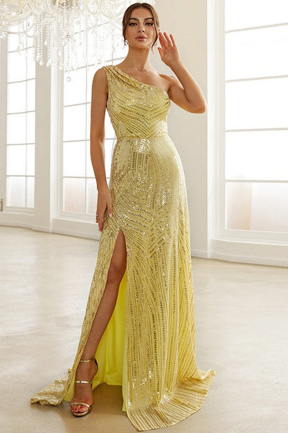 Yellow One Shoulder A-Line Sequin Appliques Prom Party Dress