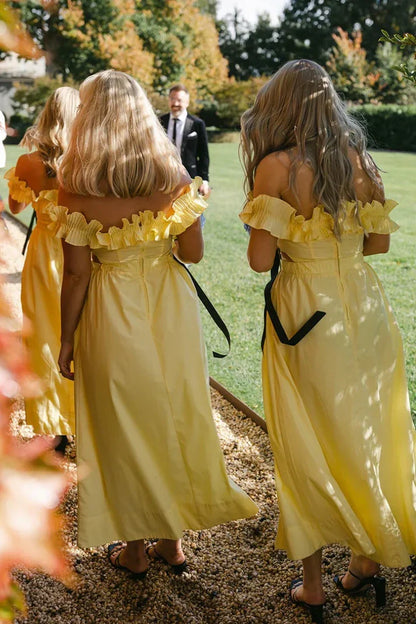 Yellow Ruffled Off-Shoulder Satin A-Line Bridesmaid Dress