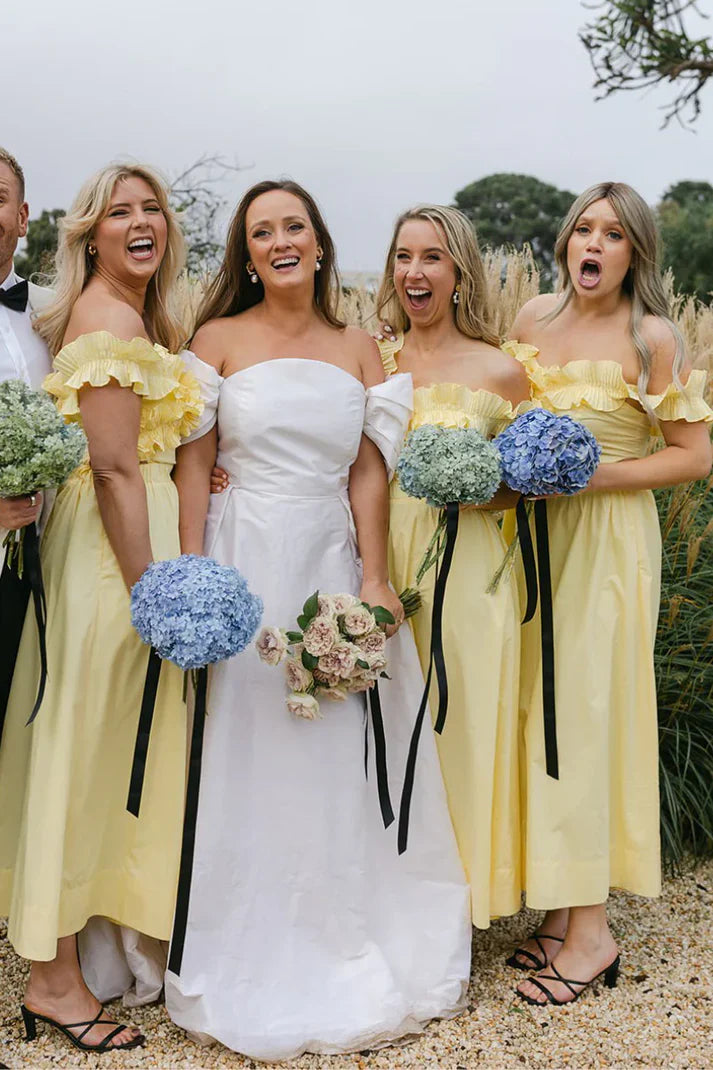 Yellow Ruffled Off-Shoulder Satin A-Line Bridesmaid Dress