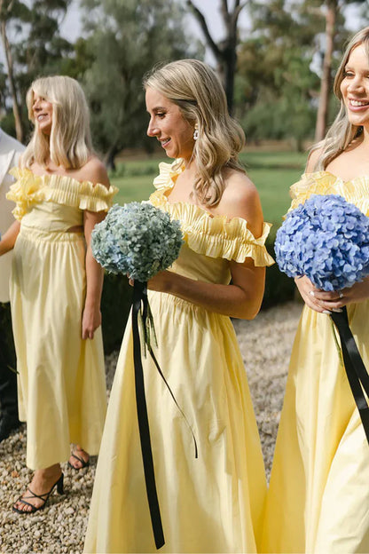 Yellow Ruffled Off-Shoulder Satin A-Line Bridesmaid Dress