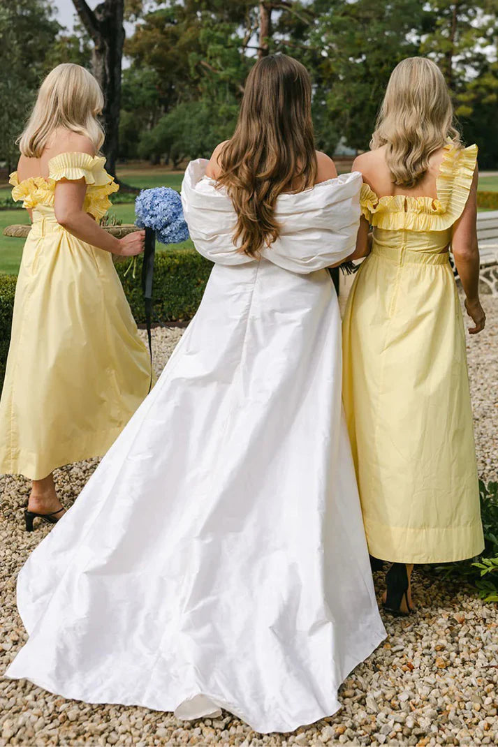 Yellow Ruffled Off-Shoulder Satin A-Line Bridesmaid Dress
