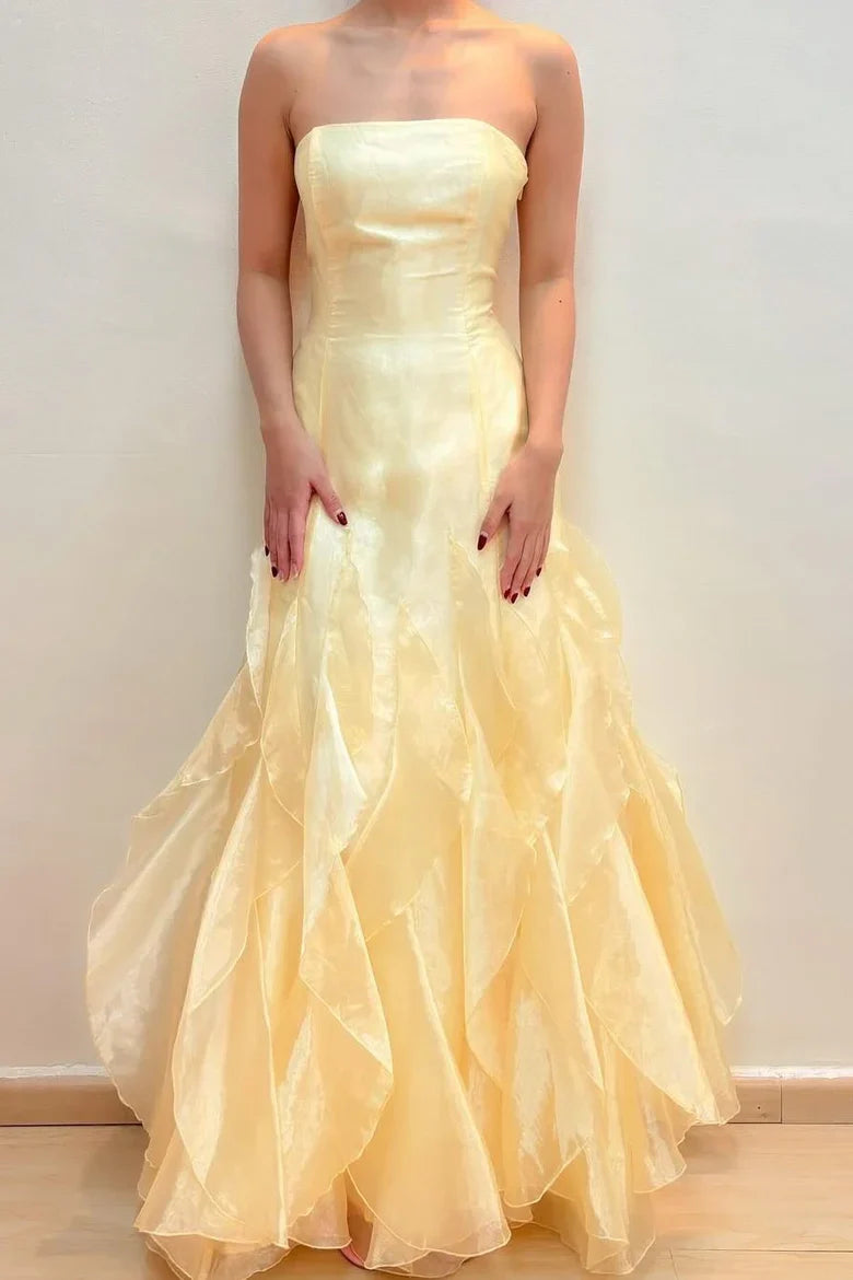Yellow Strapless Empire Lace Up Ruffled Party Prom Dress