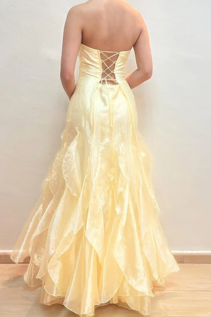 Yellow Strapless Empire Lace Up Ruffled Party Prom Dress