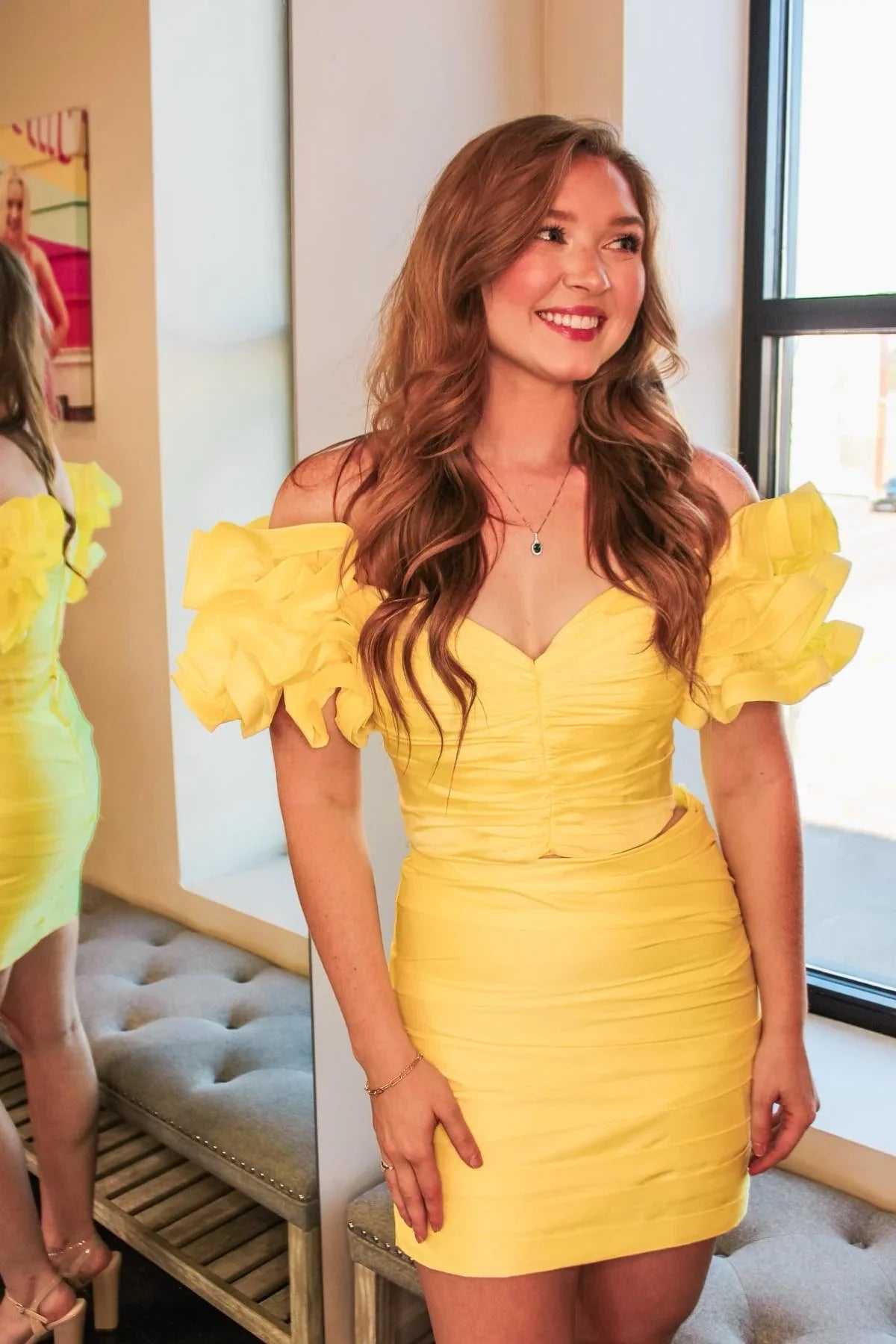 Yellow Sweetheart Ruffle Sleeves Empire Pleated Homecoming Dress