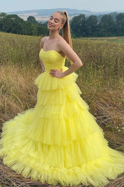 Yellow Sweetheart Strapless Tiered Tulle A-Line Party Prom Dress