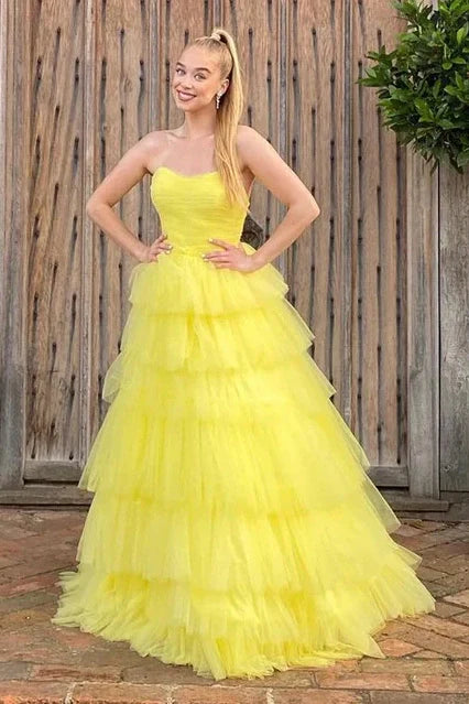 Yellow Sweetheart Strapless Tiered Tulle A-Line Party Prom Dress