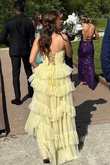 Yellow Tulle A-Line Tiered Sweetheart Empire Party Prom Dress