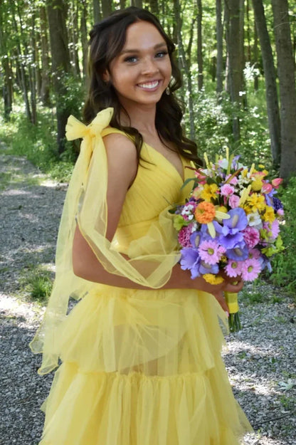 V-Neck Bow Straps Tulle A-Line Tiered Party Prom Dress