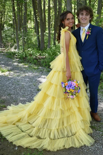 V-Neck Bow Straps Tulle A-Line Tiered Party Prom Dress