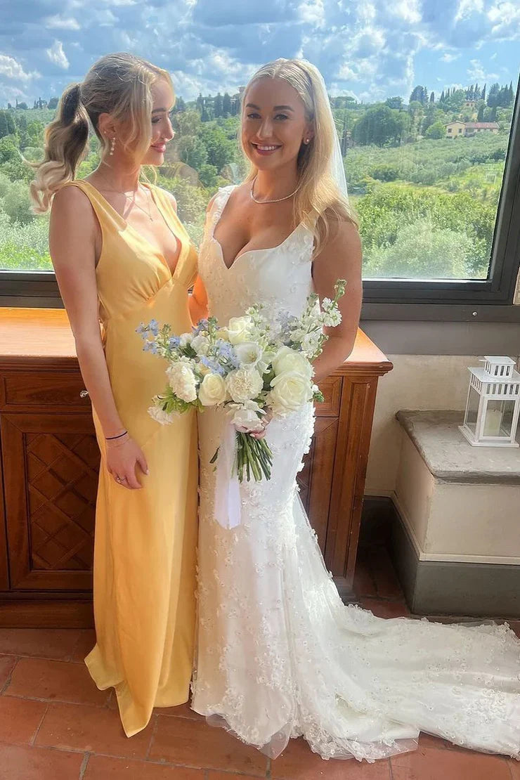 Yellow V-Neck Sleeveless Empire Long Bridesmaid Dress
