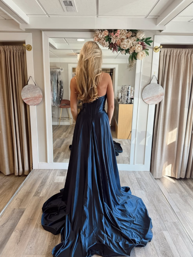 Elegant A Line Sweetheart Neck Navy Blue Satin Long Prom Dress Evening Dress SH2315